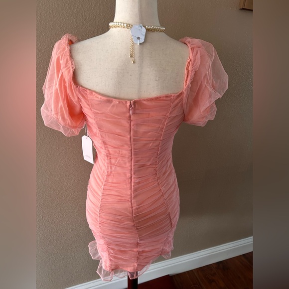 Elegant Peach Ruched Mesh Puff Sleeves Dress - Picture 7 of 14